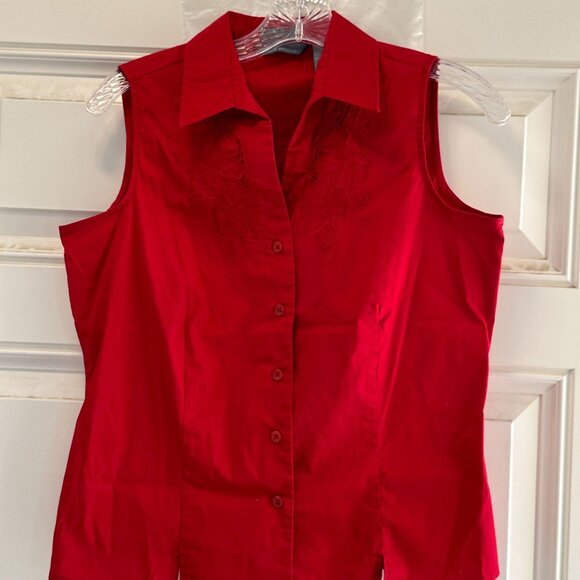 Hillard & Hanson Womens Stretch Red Sleeveless Button-Up Shirt - Size M - Picture 4 of 8
